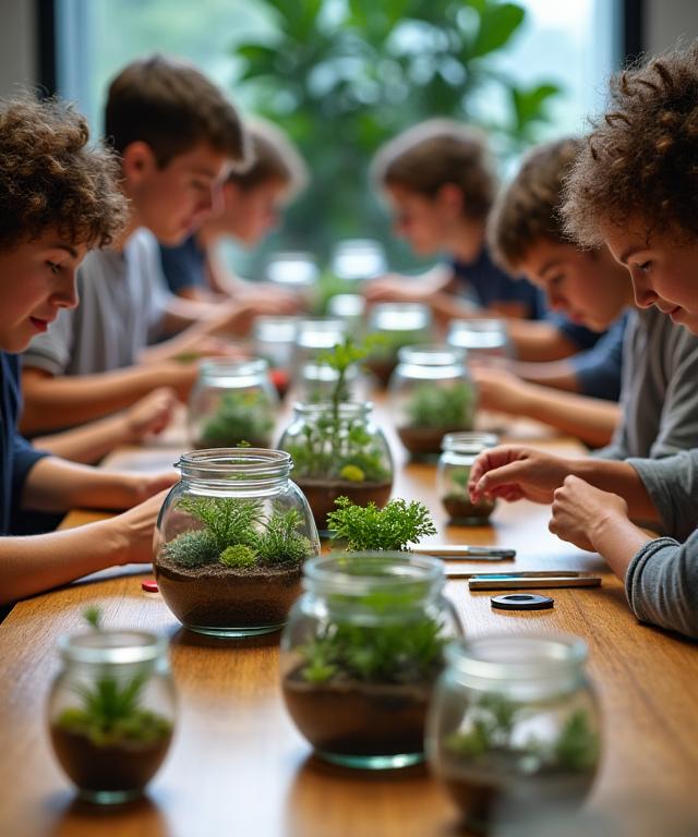 Un gruppo di persone che partecipa a un workshop sulla creazione di terrari.