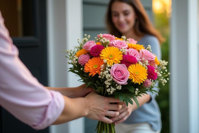Una persona che riceve un bellissimo bouquet alla porta di casa.