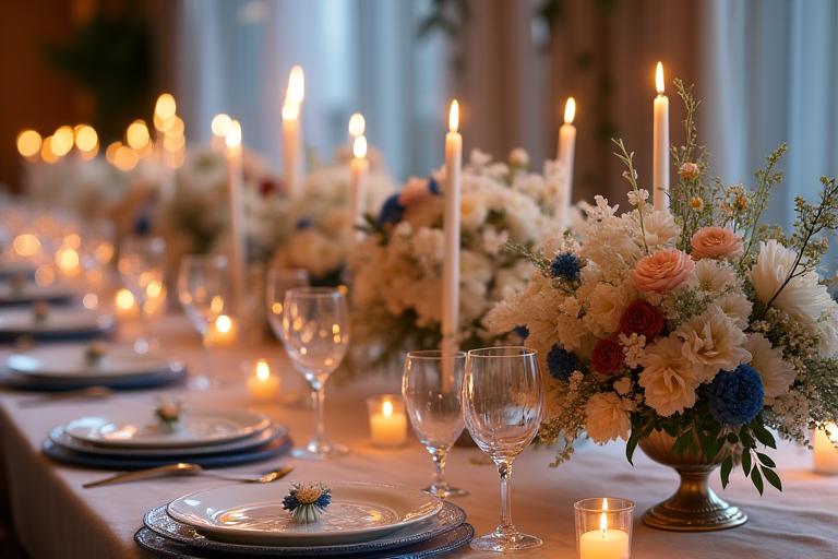 Un tavolo da matrimonio elegantemente decorato con composizioni floreali a tema cosmico.